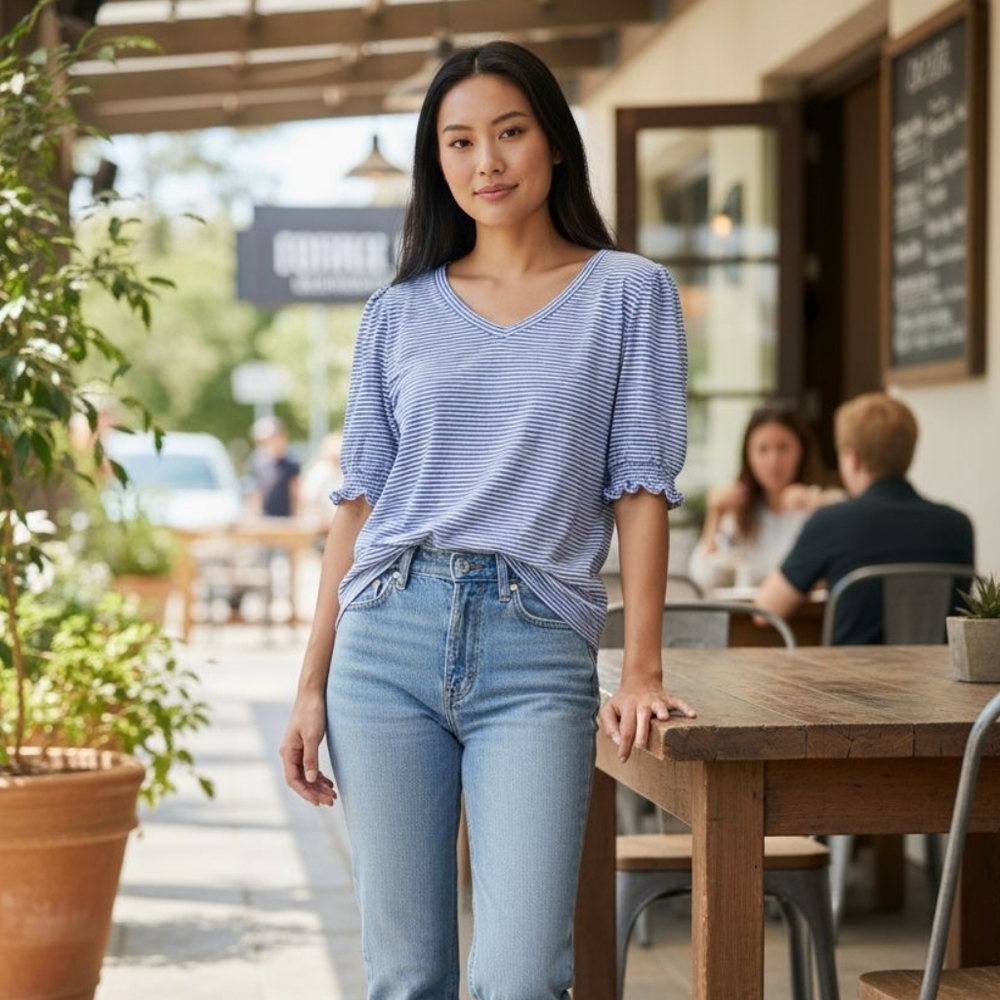 Talbots Petite | Medium P | Blue White Striped V Neck 3/4 Ruffle Elastic Sleeve